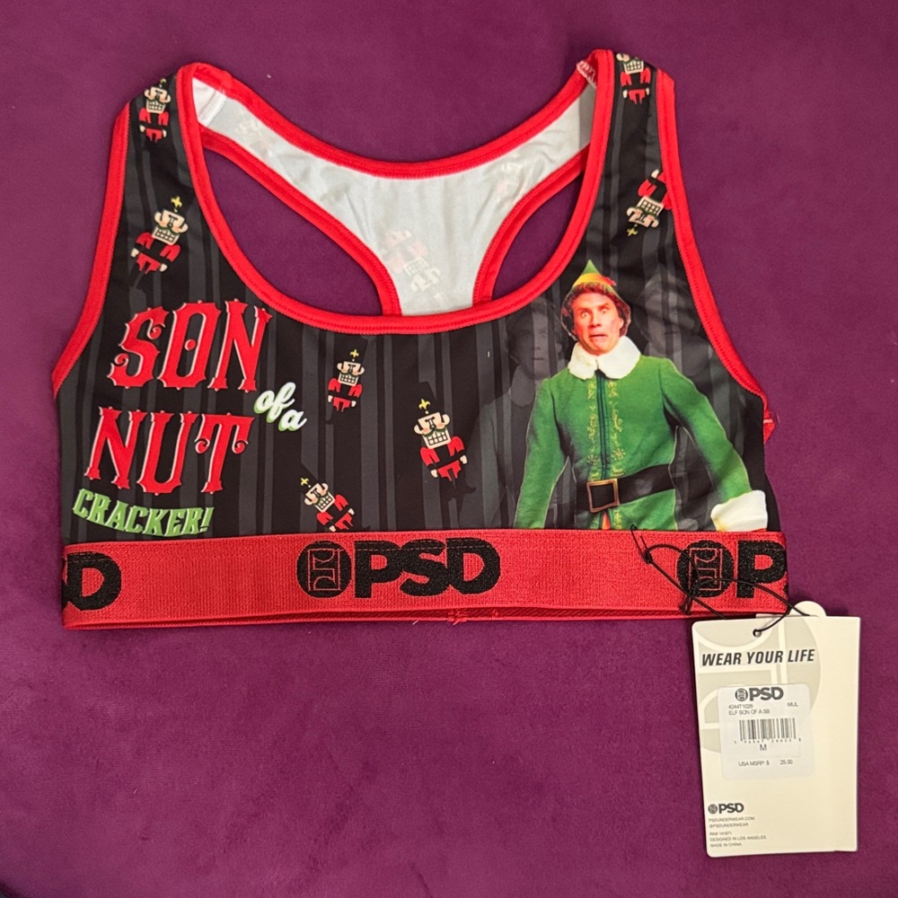 PSD Festive Elf Graphic Sports Bra - Red and Black